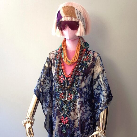 EUC Lucky & Coco blue, black & beige abstract print beaded sequined tunic caftan - Picture 2 of 9